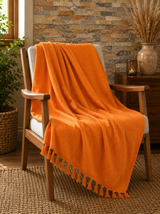 Manta de Coral Sólido Naranja con Borlas, Estilo Bohemio, Decoración para el Hogar para Todas las Estaciones, Rectangular, Suave y Tejida - Product Image 1