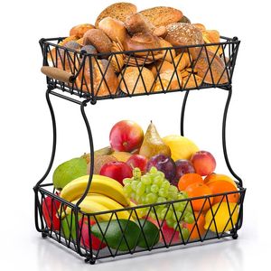 Panier de rangement rectangulaire en métal détachable à 2 niveaux pour comptoir, panier à fruits, organisateur de pain et de collations, support à bananes - Product Image 3