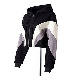 Women's Breathable 100% Cotton <b>Hooded</b> <b>Zip</b>-Up Crop Sweatshirt Drop-Shoulder Full Sleeve Casual Winter Knitted Fabric 340g - Product Image 3