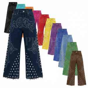 OEM ODM Autumn Winter Cotton Denim <b>Jeans</b> Custom Silver Star Studs & Distressed Hem Fashionable Streetwear Sweat Pants - Product Image 1