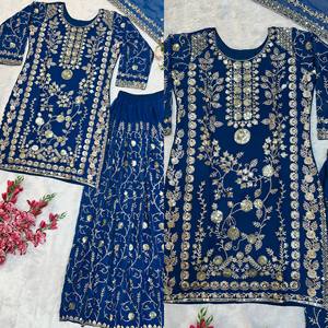 ชุดผ้าซาราร่าพร้อมผ้าคลุมไหล่ปักลายหนักพิมพ์ลายพิเศษจาก TENNECY สำหรับงานแต่งงานอินเดีย ปากีสถาน งานปาร์ตี้ งานดิวาลี ไม่ยับง่าย - Product Image 4