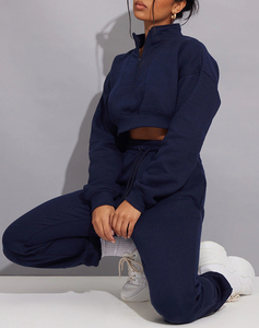 Women Navy Blue Cotton <b>Tracksuit</b> Set Crew Neck Full Sleeve Sweatshirt Jogger Pants Solid Color Casual Autumn Wear - Product Image 3