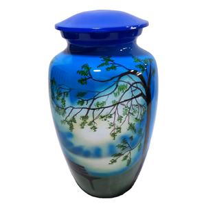 Urnes de crémation en métal commémoratives de l'arbre de vie pour les cendres humaines Fournisseur de funérailles féminines et masculines Urnes de photo de couleur bleue - Product Image 1