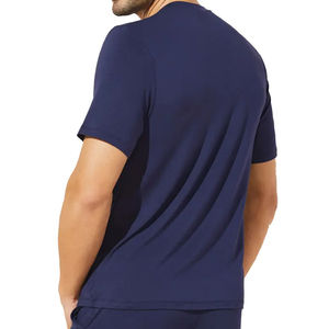 Men's Navy Blue Cotton T-Shirt And Shorts <b>Set</b> Crew Neck Casual Summer Outfit <b>Knitted</b> Breathable Solid Color Matching Pajama <b>Set</b> - Product Image 6