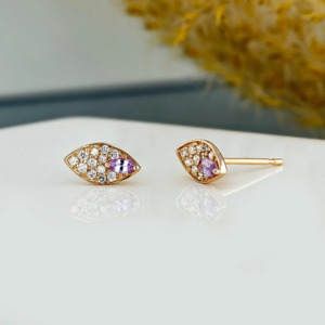 Diamond Feather <b>Stud</b> Earrings 14K Gold Lab Grown Sapphire <b>Emerald</b> Earrings for Women Solid Gold Unique Jewelry Elegant Style - Product Image 1