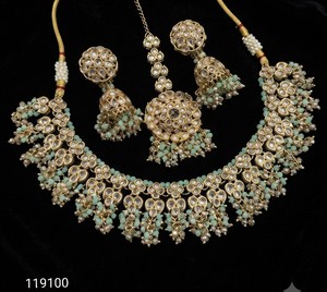 Indian Traditional Pearl Kundan Necklace <b>Set</b> Antique Gold Plated Bridal Choker Necklace with Jhumka Earrings and Maang Tikka <b>Set</b> - Product Image 1