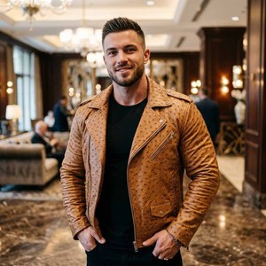 Ostrich Embossed Leather <b>Jacket</b> <b>Men</b> Plaid Pattern Casual <b>Summer</b> Motorcycle <b>Jacket</b> Biker Leather <b>Jacket</b> Zipper Closure Polyester - Product Image 1