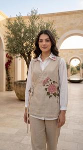 Ensemble de veste en lin brodé pour femmes avec motif floral, tenue décontractée traditionnelle, style Inde Pakistan, coupe régulière, toutes saisons - Product Image 5