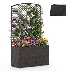 Fioriera da Esterno in Rattan PE Marrone da 49 Pollici con Piedini Regolabili, Letto Rialzato per Giardino con Traliccio e Recinzione - Product Image 1