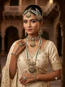 Elegant Gold Plated Ethnic Jewelry <b>Set</b> With Green Zircon And Imitation Pearl Necklace Earrings Bracelet For Wedding - Product Image 2