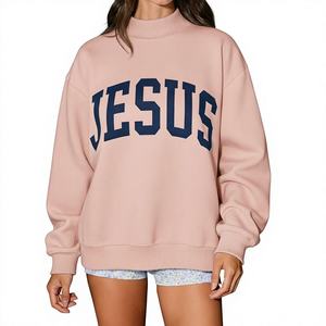Jesus Letter Print Oversized Crew Neck Sweatshirt Unisex Pink Cotton <b>Pullover</b> Casual Autumn Wear - Product Image 1