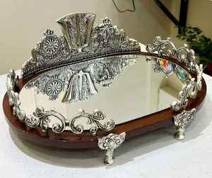 Luxury Handmade Durable Mirror <b>Vanity</b> <b>Tray</b> Oval Wooden Base Silver Metal Filigree Carving Decorative Cosmetic Jewelry Organizer - Product Image 2