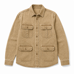 Chemise utilitaire en denim délavé 100% coton pour homme, multi-poches, vêtements de travail, surchemise à manches longues, streetwear décontracté, automne - Product Image 1