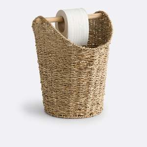 Panier à rouleaux de papier toilette en jonc de mer pour salle de bain, organisateur tressé écologique, bac de rangement naturel avec tige en bois, vente en gros, en vrac, B2B, OEM - Product Image 1