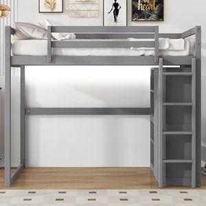 Letto a soppalco a LED grigio chiaro per bambini, in legno, con armadio integrato e mensole portaoggetti - Product Image 4