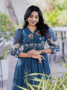 Vestido Midi Casual Europeo Americano con Cuello en V, Estampado Floral, Manga con Volantes, Cintura Imperio, Corte Regular, para Mujer, Verano - Product Image 3