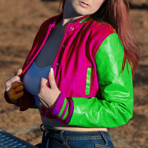 Womens <b>Varsity</b> Crop <b>Jacket</b> <b>Purple</b> Lime Green Letterman Style Bomber Coat Faux Leather Sleeves Casual Outerwear Ladies Fashion - Product Image 1