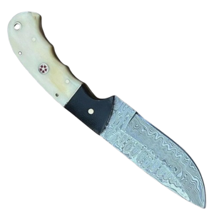 Couteau de chasse artisanal en acier Damas, lame pointue, manche en os et étui en cuir - Product Image 3