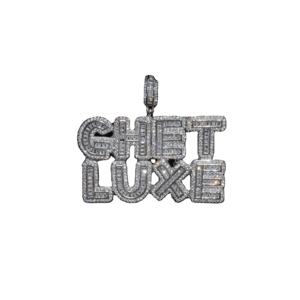 Colgante de Lujo con Letras GHET LUXE y Diamantes Moissanite, Joyería Hip Hop Plateada sobre Fondo Blanco - Product Image 1