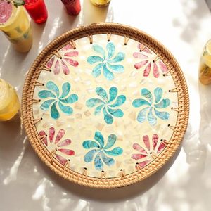 Rattan Tray with Mother of Pearl Inlay Round Wicker Serving <b>Basket</b> for Bread Fruit Coffee Decorative <b>Display</b> Tray - Product Image 5