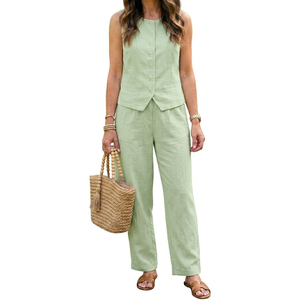 Conjunto de pantalones anchos y top sin mangas de lino rosa, cuello redondo, ropa informal holgada de verano para mujer - Product Image 4