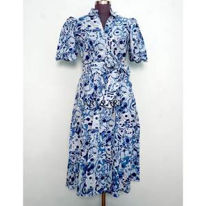 Vestido Midi de Algodón 100% Indio Estampado a Mano para Mujer, Elegante, Cómodo, de Manga Corta, con Decoración de Botones, Estilo Dulce y Natural - Product Image 1