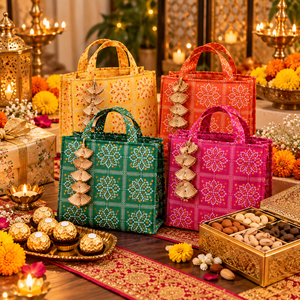 Bolso de mano indio hecho a mano con estampado Bandhani y 2 asas bordadas, ideal para bodas, Haldi, Mehndi y regalos de boda. - Product Image 4