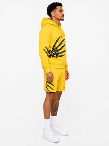 Conjunto de Sudadera con Capucha y Pantalones Cortos Amarillos para Hombre 4FORCE, Diseño de Mano de Esqueleto Estampado en Felpa, Ropa Casual de Verano - Product Image 5