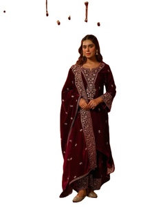 Evergreen Classy Look Reception Special Pure Viscose VELVET Fabric Embroidery Thread Work <b>Bell</b> <b>Sleeve</b> Traditional <b>Dress</b> - Product Image 1