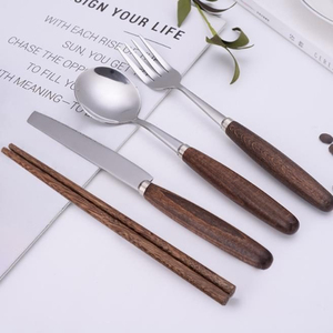 Ensemble de couverts en acier inoxydable de qualité supérieure avec manches en bois de noyer, pour hôtel et maison, comprenant fourchette, cuillère, couteau et baguettes - Product Image 1