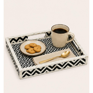 Plateau en nacre géométrique avec incrustation d'os, motif chevron noir et blanc, plateau décoratif en nacre pour table basse - Product Image 2