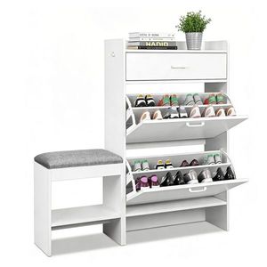 2-Tier White 100*25*117cm Particleboard Shoe Cabinet with Flip Lid and Padded Bench 1-Hook Shoe Rack - Product Image 4