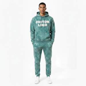 Custom Logo Teal Green Acid Wash Tracksuit Men Heavyweight Fleece Hoodie and Jogger Set Streetwear Vintage Mineral Wash - Product Image 1