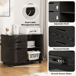 Mobiletto Portadocumenti a 3 Cassetti con Ruote, Supporto per Stampante in Legno con Ripiani Aperti per Ufficio Domestico, Nero - Product Image 2