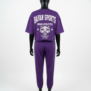 Ensemble haut court et pantalon de jogging en molleton de coton et polyester 320 GSM de haute qualité, violet, avec logo sur panneau latéral contrastant, pour femme - Product Image 2