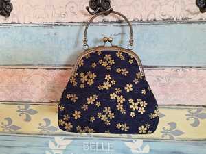 Jewelry Bag With Closure Hinged Design Navy <b>Blue</b> Gold Floral Pattern Shoulder Handle packaging bag - Product Image 3