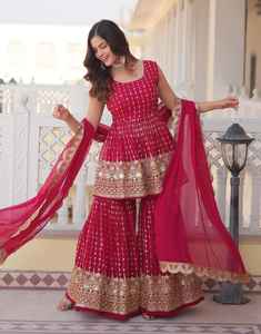 Elegante lentejuelas bordadas Faux Georgette vestido mantequilla crepé forro impresionante ropa de invierno Gharara conjunto 2,3 M Dupatta Salwar Kameez - Product Image 3