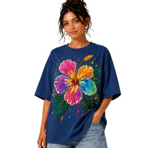 Camiseta Extra Grande Azul Marino para Mujer con Estampado Gráfico de Flor de Hibisco Colorida, Camiseta Casual de Algodón para Verano, Personalizada OEM ODM al por Mayor - Product Image 1