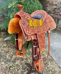 Silla de montar de cuero genuino de alta calidad, nueva, estilo western con grabado floral, portátil, para doma, paquete personalizado, hecha en India. - Product Image 2