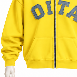 <b>Yellow</b> Mens Zip Up <b>Hoodie</b> Heavyweight Fleece Chenille Letter Applique Oversized Streetwear Sweatshirt with Kangaroo Pockets - Product Image 5