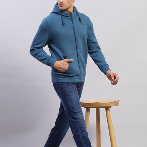 Sudadera con Capucha Azul para Hombre, Cierre de Cremallera, Corte Regular, Felpa Francesa, Color Sólido, Informal, para Otoño - Product Image 4