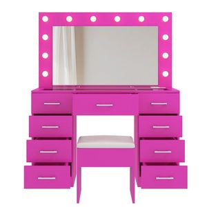 Large Lighted 12 LED <b>Mirror</b> Makeup <b>Vanity</b> Desk Set with 9 Drawers Glass Top <b>Vanity</b> Table with Power Outlet - Product Image 3