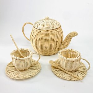 Lovingly woven rattan pretend <b>teapot</b> play <b>set</b> tea party accessory toys miniature jug with cups - Product Image 2
