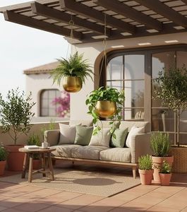 Pots à fleurs suspendus modernes en or avec chaîne pour plantes d'intérieur, design minimaliste, jardinières en métal de forme circulaire - Product Image 5