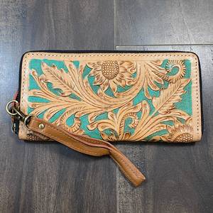 Nuevo Bolso de Mano para Mujer con Diseño de Girasol Grabado a Mano, Cartera de Cuero Genuino Turquesa con Tarjetero y Correa de Muñeca Desmontable - Product Image 5