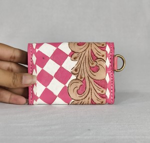 New Pink Diamond Embroidered Handmade Genuine Leather Mini Coin Purse Wrist Strap Snap Button Closure <b>Cute</b> Compact Design <b>Wallet</b> - Product Image 3