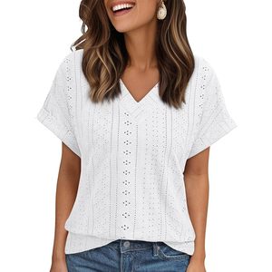 2025 camisetas con cuello en V para mujer, bonitas camisetas informales de verano y primavera, bordado de ojales, moda de vacaciones en la playa, ropa transpirable XS - Product Image 4
