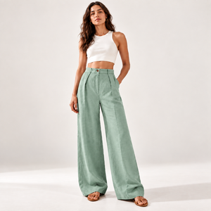 Women's <b>Linen</b> <b>Cropped</b> Wide Leg Pants Elastic Waist Casual Palazzo <b>Trousers</b> with Pockets - Product Image 1
