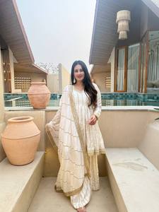 Cream Anarkali Gown Pantufla Dupatta Long Sleeve Party Dress Indian Pakistani Clothing - Product Image 3
