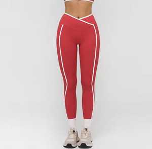 High Waist Leggings With White Stripe Seamless Knitted Sporty Full Length Women's Yoga Pants Compression <b>Tummy</b> <b>Control</b> - Product Image 2